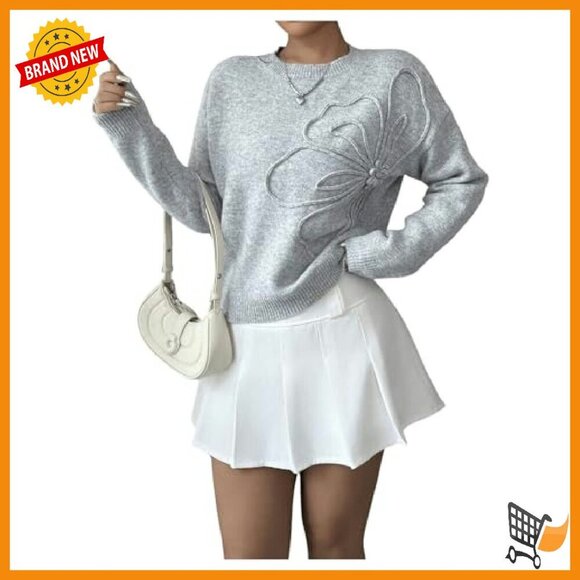 3D Floral Applique Knit Sweater Long Sleeve Drop Shoulder Pullover - Picture 2 of 6